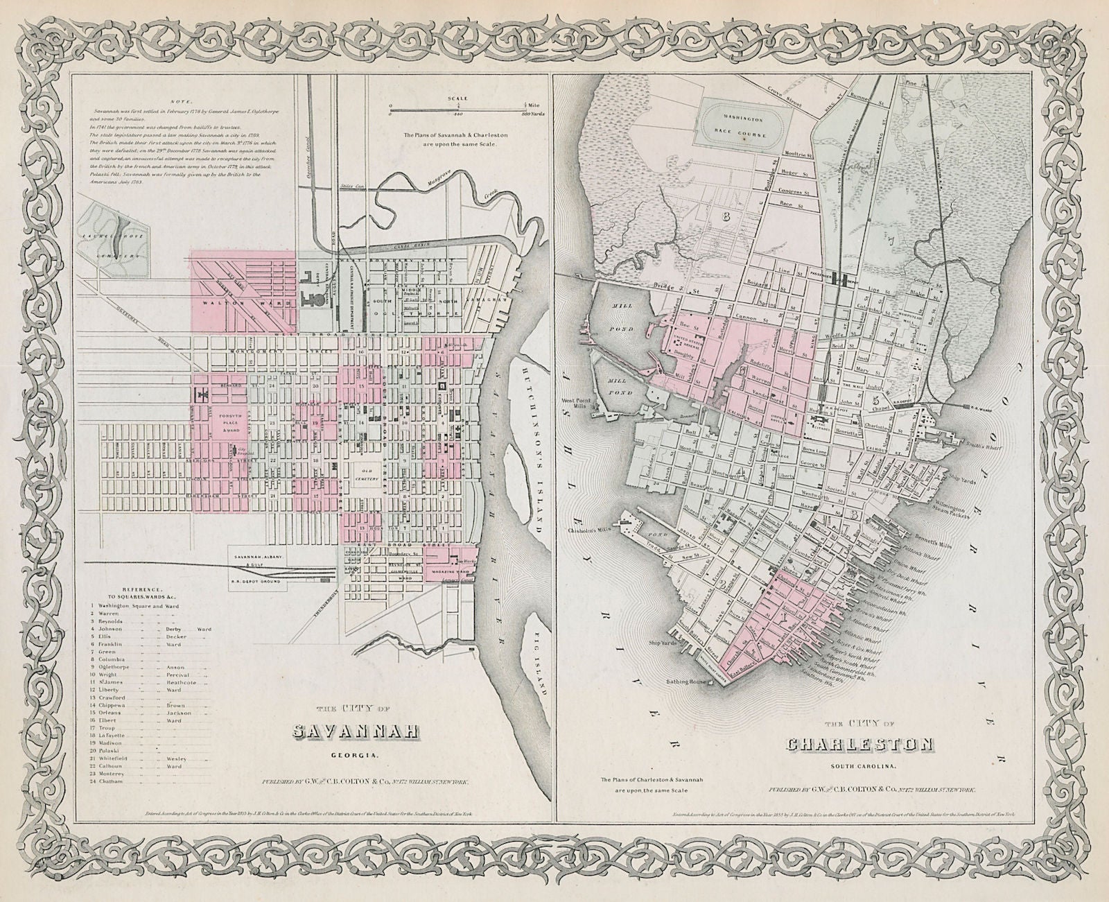 Savannah, Georgia & Charleston, South Carolina antique city plan COLTON 1869 map